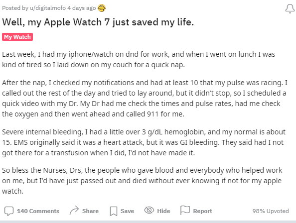 Apple Watch phát ra âm thanh báo động cứu sống người đàn ông bị xuất huyết nội