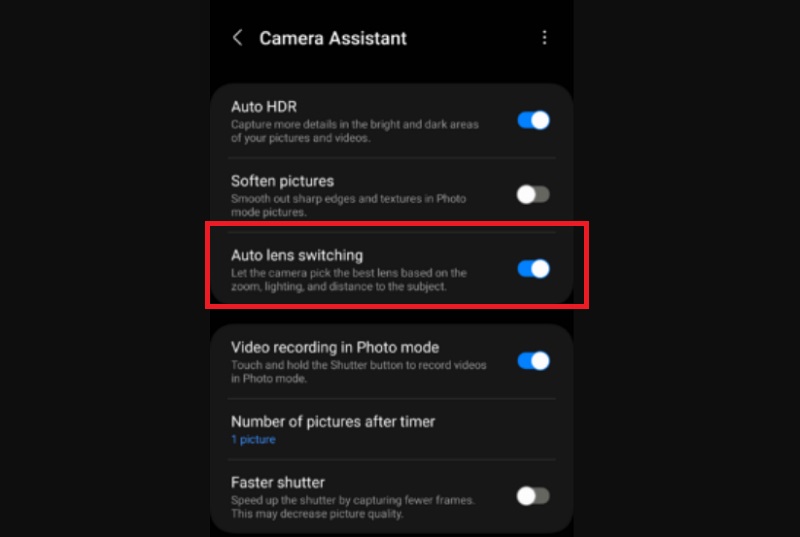 Tắt tính năng Auto Lens Switching trên ứng dụng Trợ lý máy ảnh (Camera Assistant app) 