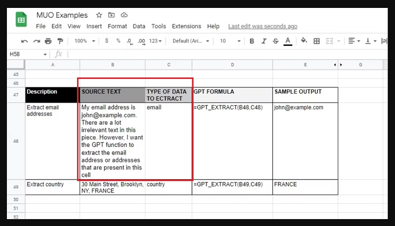 Dùng lệnh trích xuất văn bản trên Google Sheets khi dùng tiện ích mở rộng GPT