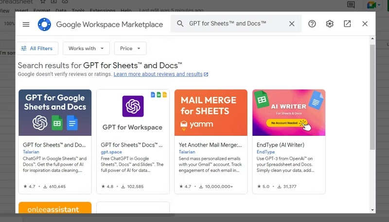 Giao diện Google Workspace Marketplace xuất hiện, bạn tìm “GPT for Sheets and Docs”