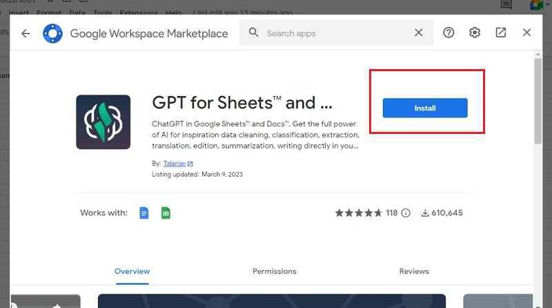 Chọn tiện ích GPT for Sheets and Docs sau khi tìm kiếm, rồi bạn nhấp vào mục Install (Cài đặt) > chọn Continue (Tiếp tục).
