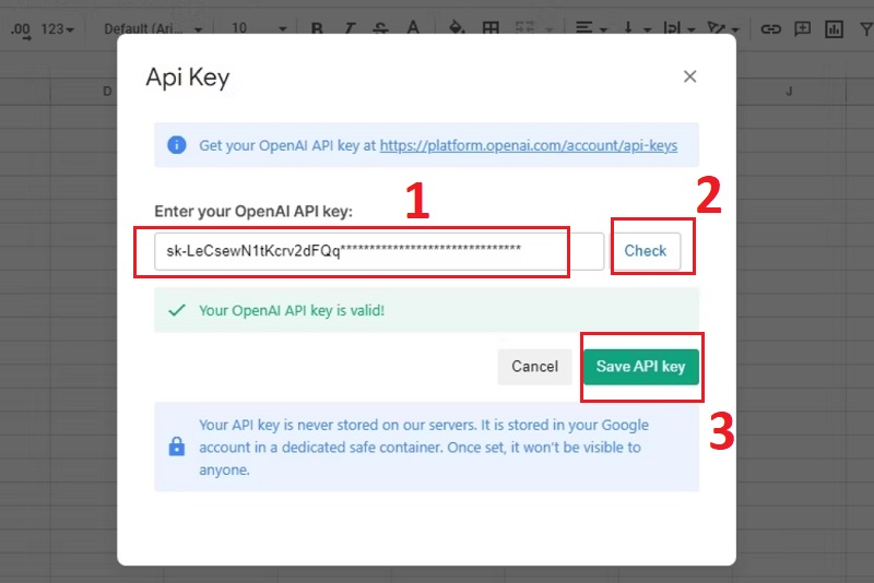 thêm khóa đó vào tiện ích mở rộng “GPT for Sheets and Docs” (GPT cho Trang tính và Tài liệu) trên tài khoản Google Sheets