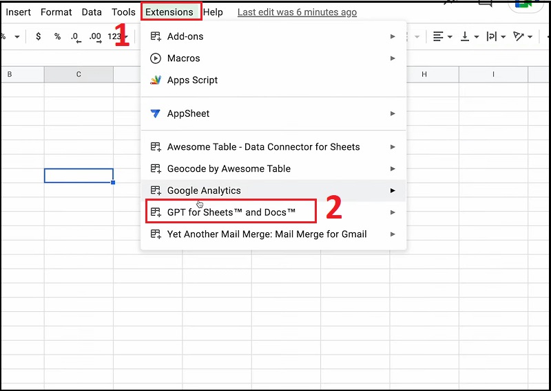 di chuyển đến Extensions (Tiện ích mở rộng) > chọn GPT for Sheets and Docs > chọn Enable GPT functions (Bật chức năng GPT).