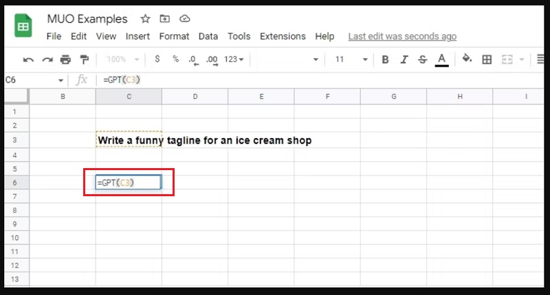 Dùng lệnh viết văn bản trên Google Sheets khi dùng tiện ích mở rộng GPT (hình 2)