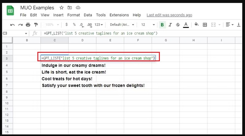 Dùng lệnh viết văn bản trên Google Sheets khi dùng tiện ích mở rộng GPT (hình 3)
