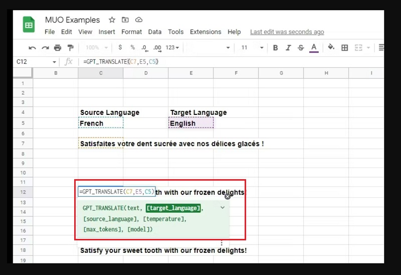 Dùng lệnh dịch văn bản trên Google Sheets khi dùng tiện ích mở rộng GPT