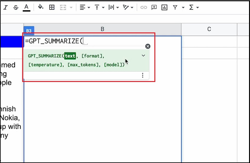 Dùng lệnh tóm tắ văn bản trên Google Sheets khi dùng tiện ích mở rộng GPT