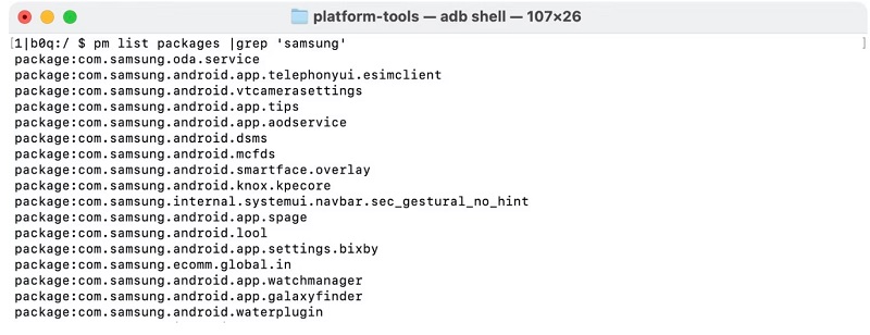 chạy pm list packages | grep 'samsung'.