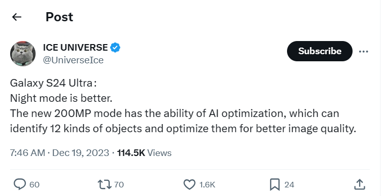 Camera trên Galaxy S24 Ultra có thể chụp ảnh thiếu sáng và ảnh 200MP tốt hơn