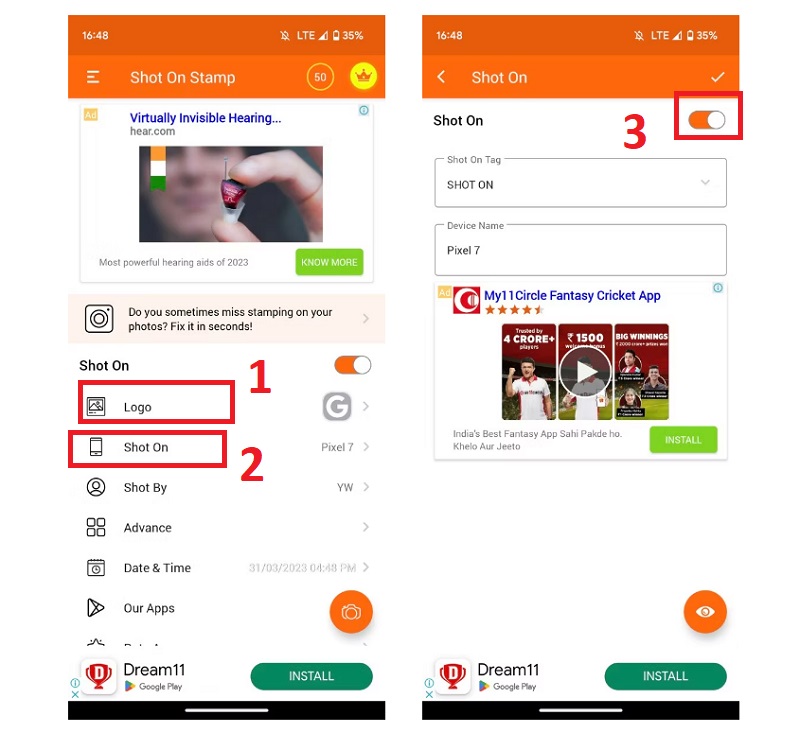 bạn chọn mục Logo > chọn logo cho thiết bị > nhấn vào dấu stick để sử dụng nó làm watermark.