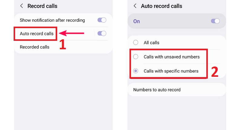 Chọn Calls with unsaved numbers (Cuộc gọi với các số chưa được lưu) hoặc Calls with specific numbers (Cuộc gọi với các số cụ thể).