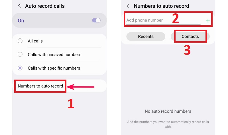 Bạn tiến hành thêm số hoặc chọn số trong danh bạ mà bạn muốn ghi âm cuộc gọi tự động.