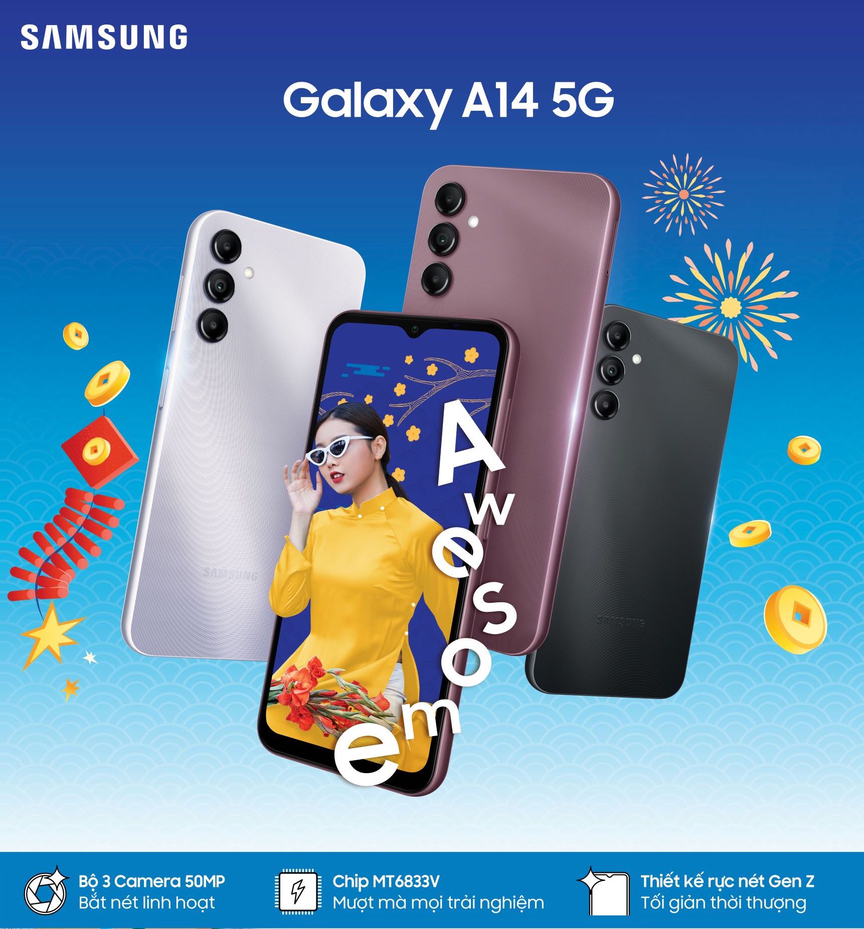 Samsung Galaxy A14 5G vẫn giữ nét đặc trưng dòng A series của Samsung với thiết kế nguyên khối và cụm camera dọc, tuy nhiên có cải tiến hơn với việc lược bỏ đi khung viền cụm camera giúp thiết kế trở nên thanh thoát và tối giản nhất.