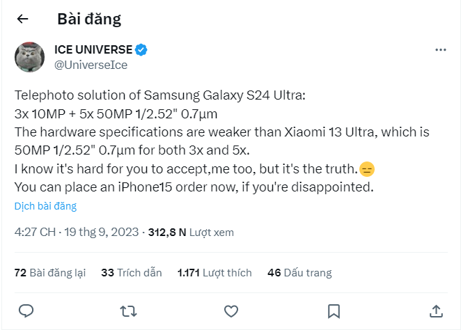 Thông số camera của Galaxy S24 Ultra được tiết lộ trong rò rỉ mới