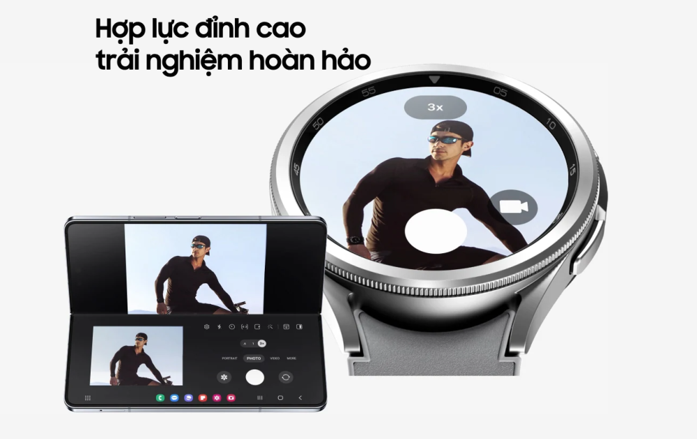 Chiếc Watch6 Classic này có thể kết nối với Galaxy Z Fold5 để chụp ảnh từ vị trí gần hoặc xa. Chế độ Flex cam của điện thoại cho phép bạn dễ dàng chuyển đổi giữa chế độ chụp ảnh và video hoặc phóng to và thu nhỏ... trên chiếc đồng hồ đeo tay này. Việc thao tác chụp ảnh cũng dễ dàng với 