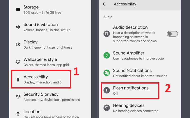 Chọn Accessibility (Trợ năng), rồi chọn Flash notifications (Thông báo flash)