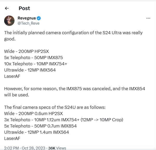 Xuất hiện nguồn tin xác nhận lại thông số camera của Galaxy S24 Ultra