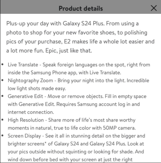Galaxy S24+ vô tình được liệt kê trên Walmart, tiết lộ bộ tính năng và thông số kỹ thuật chi tiết