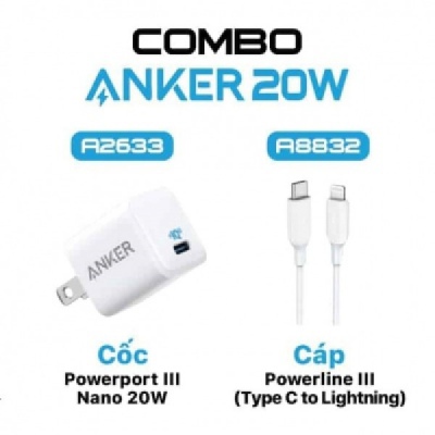 Combo Cốc Cáp sạc nhanh Anker USB-C to Lightning 20W
